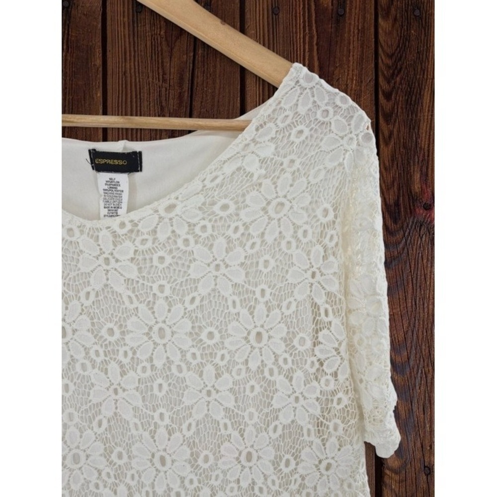 Womens Ivory Floral Lace Overlay Lined Poncho Blouse L Dolman Sleeve Cottagecore - Picture 7 of 11